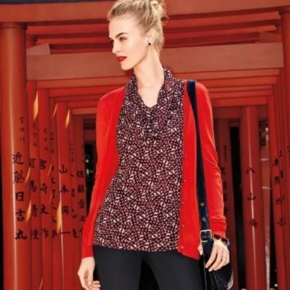 CAbi red,black and white geo print Venus Cowl Neck Blouse Valentine's Day - Picture 2 of 11